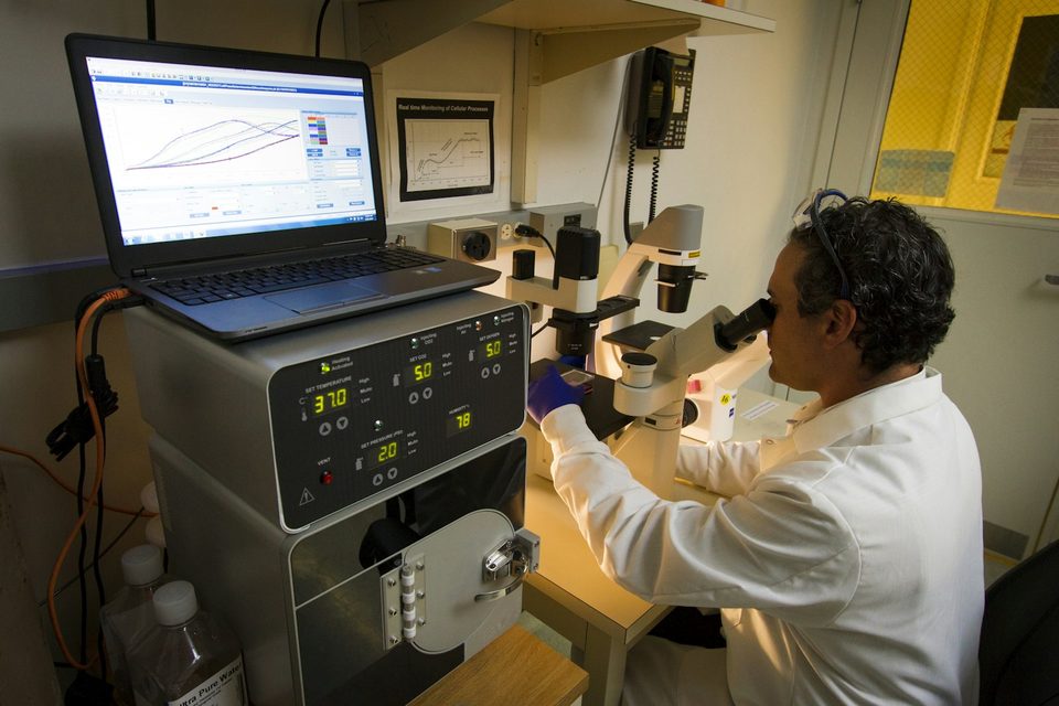 Técnico de jaleco analisando uma amostra no microscópio em um laboratório