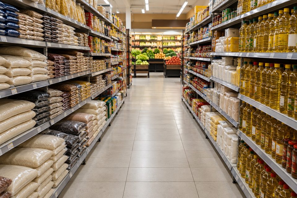 Corredor de supermercado com prateleiras cheias de grãos, óleos e produtos embalados