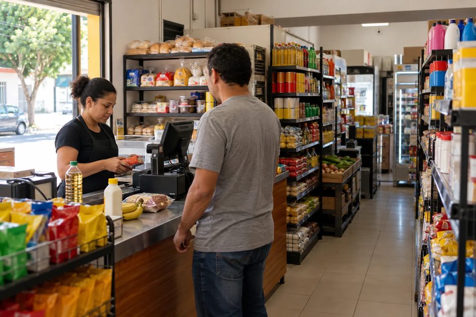 Atendente no caixa de um minimercado de bairro, com cliente de costas e prateleiras ao fundo