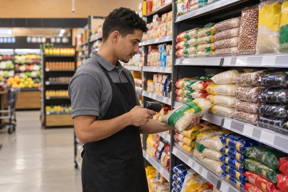 Repositor de supermercado conferindo um pacote de arroz com um leitor de código de barras